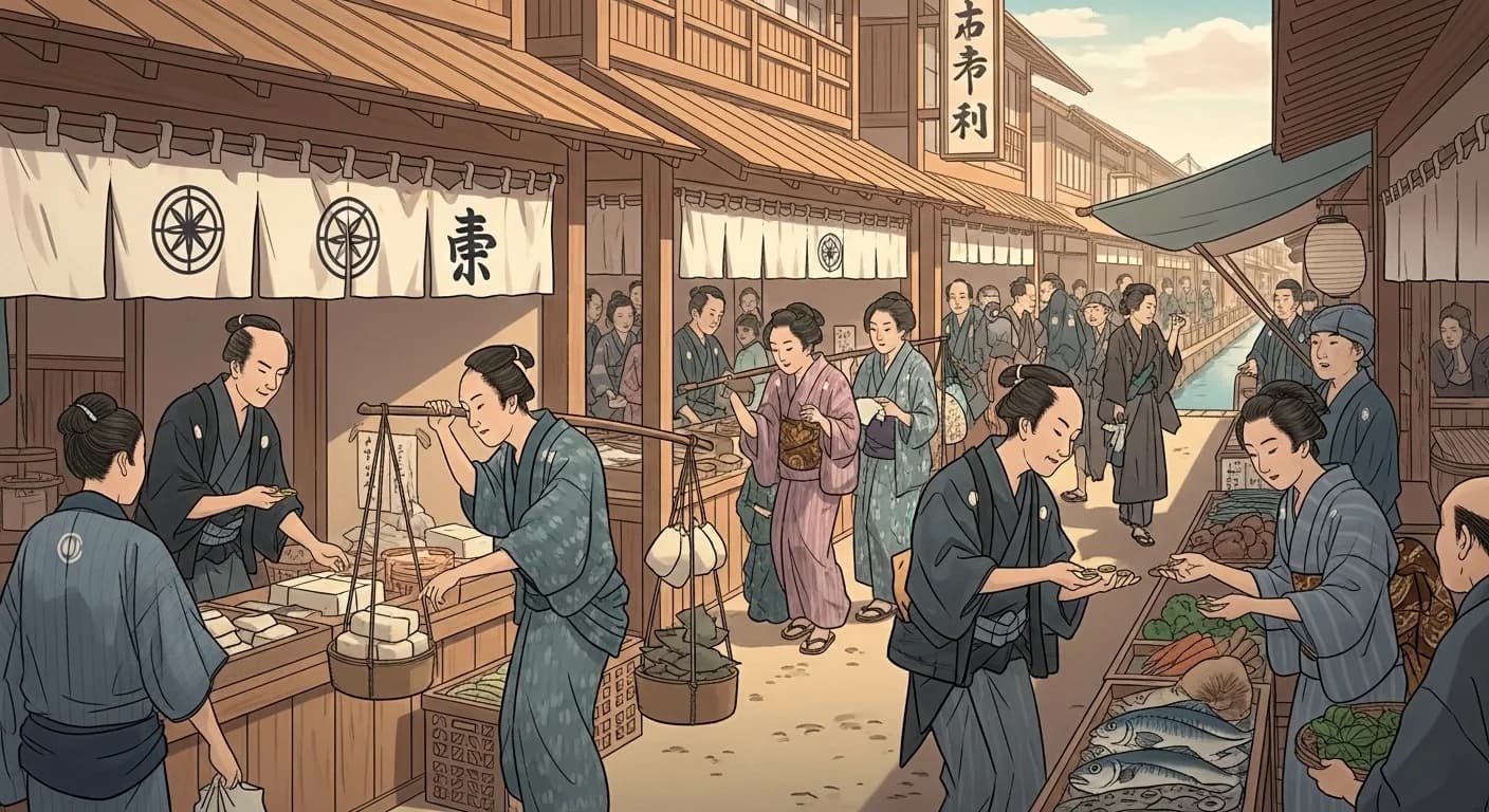 江戸の下町 — 寛永通宝が行き交う庶民の市場、棒手振りと長屋の日常風景