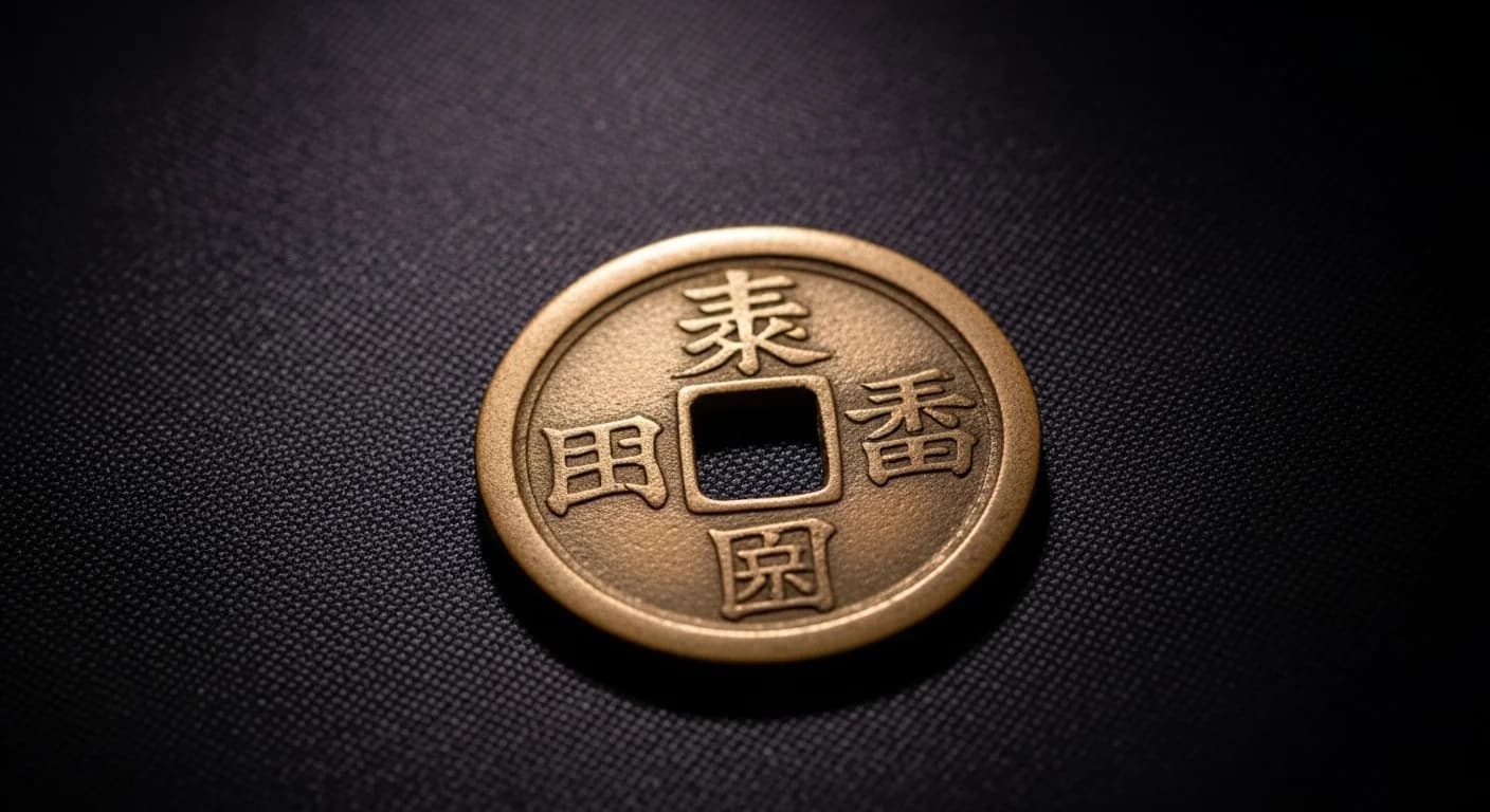 朝鮮通宝の表面。「朝鮮通宝」の四文字が方孔を囲んで刻まれた銅銭