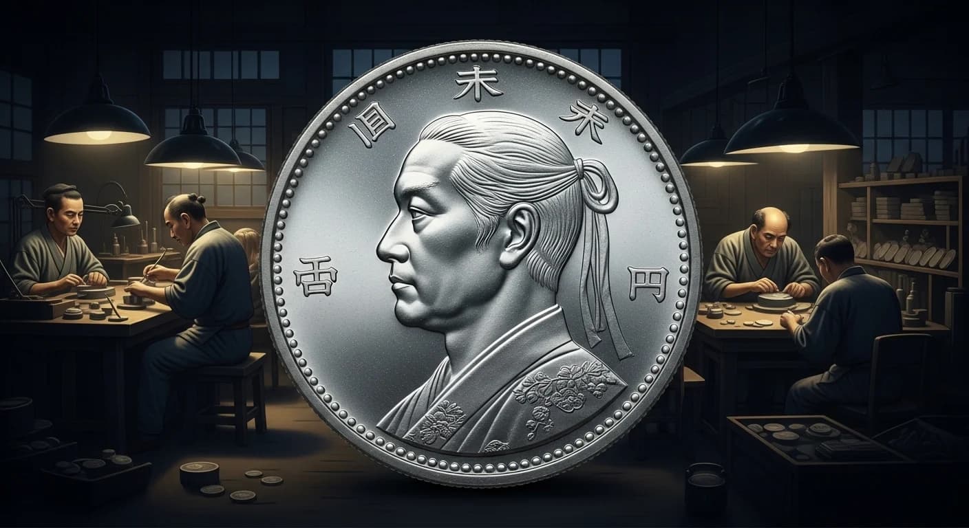 100円銀貨に刻まれた聖徳太子の横顔の拡大。細かな線で古代の肖像が再現されている