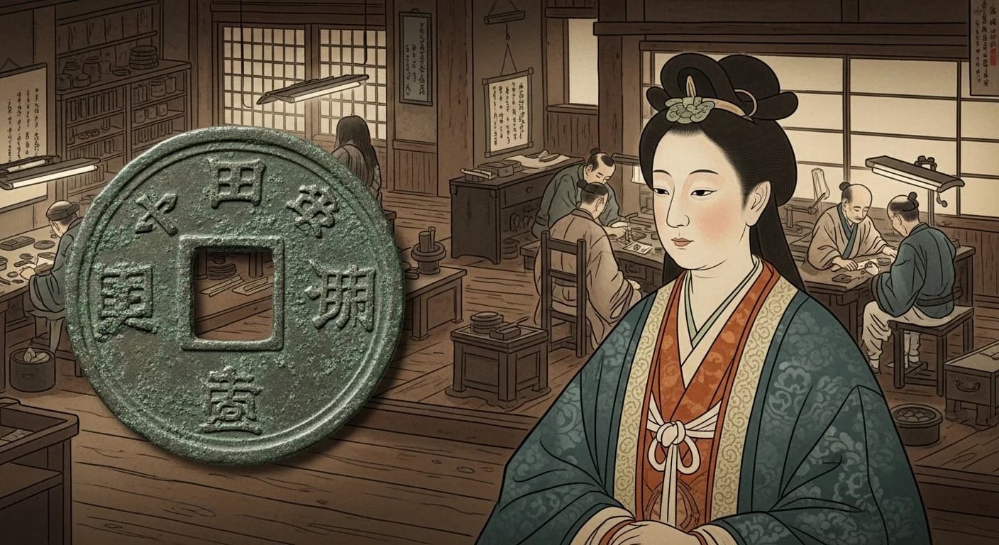 和同開珎の銅銭（左）と銀銭（右）の比較。銀銭は一回り大きく輝きが異なる