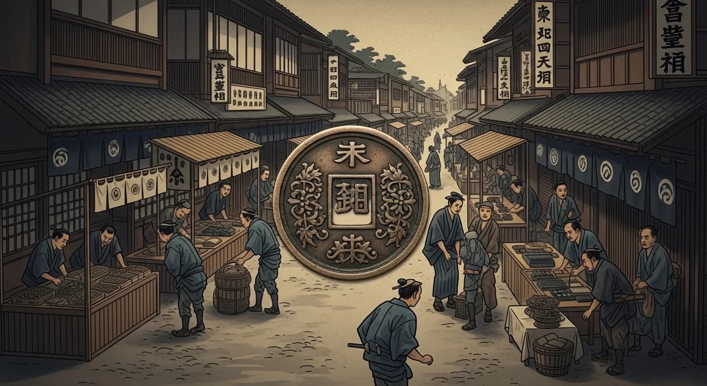 奈良時代の市の復元図。布や食料とともに和同開珎が行き交う