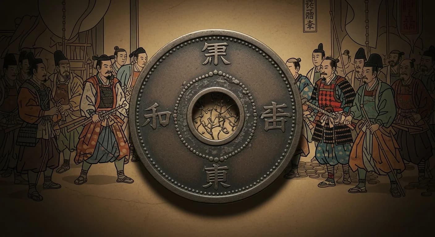皇朝十二銭の一覧。和同開珎から始まり乾元大宝まで12種が並ぶ